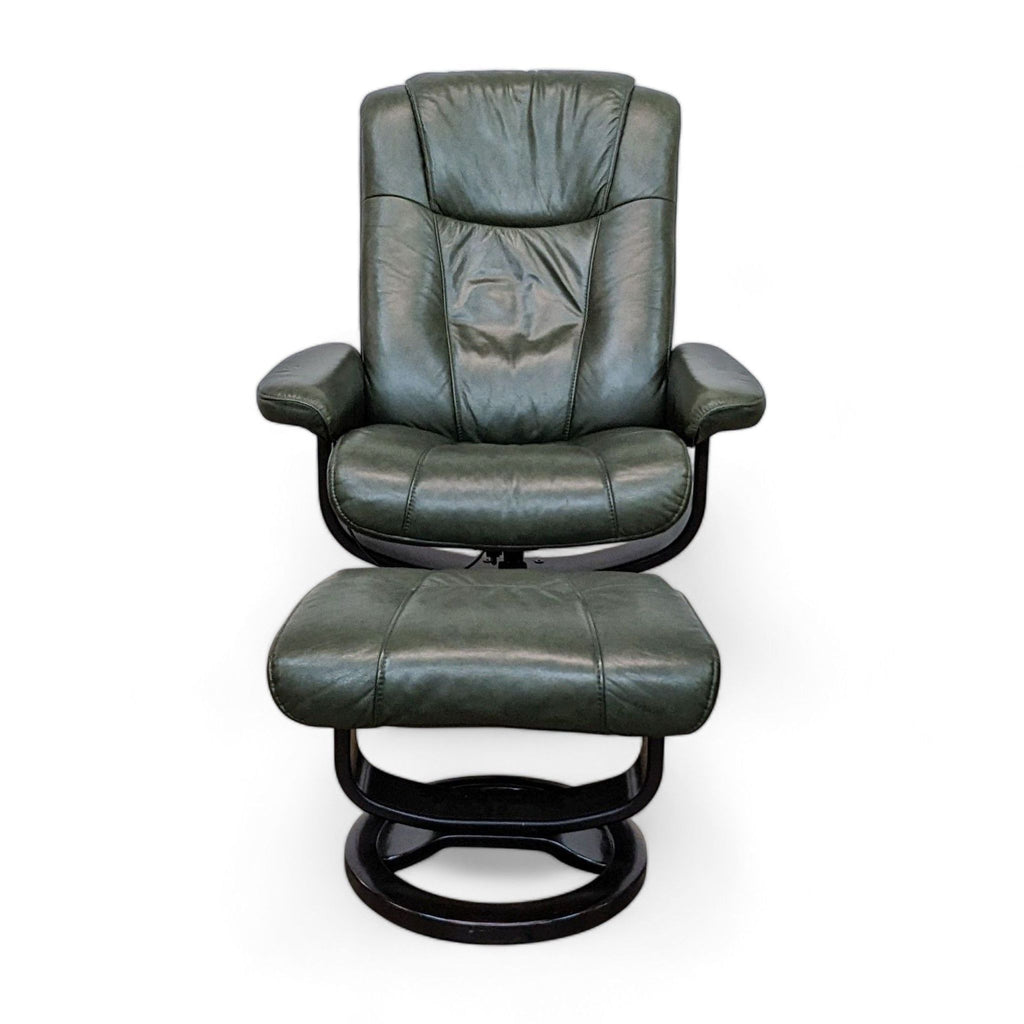 Palliser forest green recliner and ottoman with circular bentwood base, perfect for lounging.