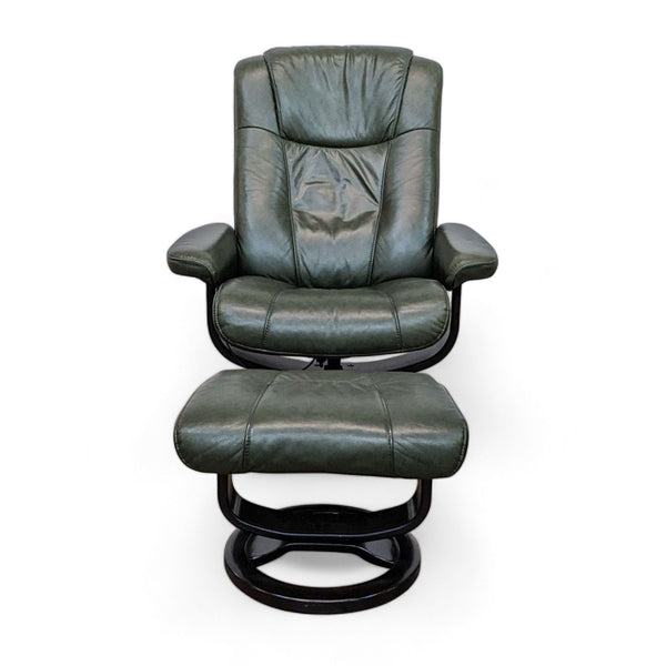 Palliser forest green recliner and ottoman with circular bentwood base, perfect for lounging.