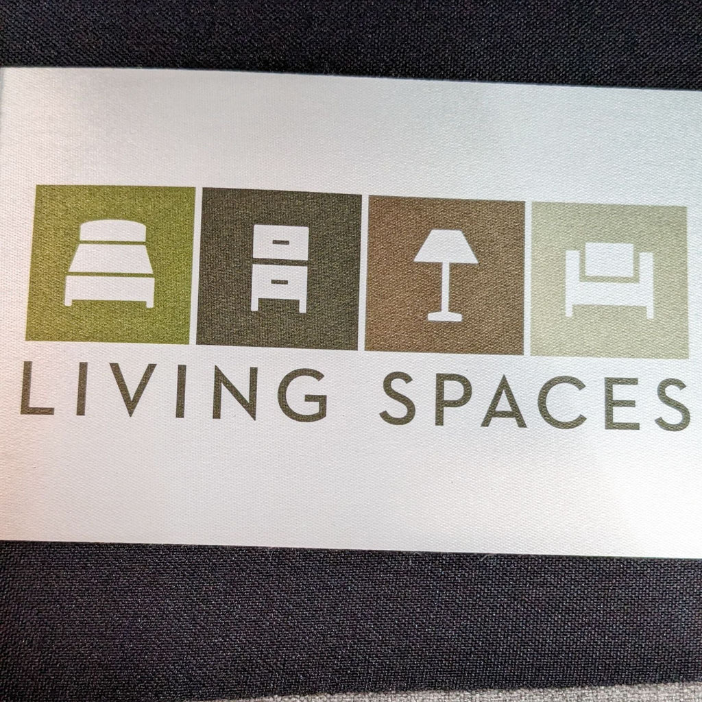 3. Logo of Living Spaces featuring icons representing furniture items like a bed, dresser, lamp, and sofa in green and brown tones.