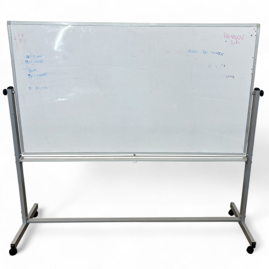 Versatile mobile whiteboard with a magnetic dry-erase surface and an aluminum frame.