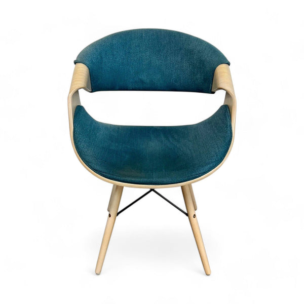 Modern accent chair with curved plywood frame and upholstered seat, front view.
