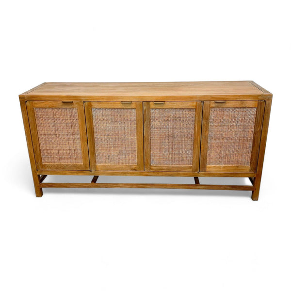 Mid-century teak console with rattan panels, antique brass pulls, and adjustable shelves.