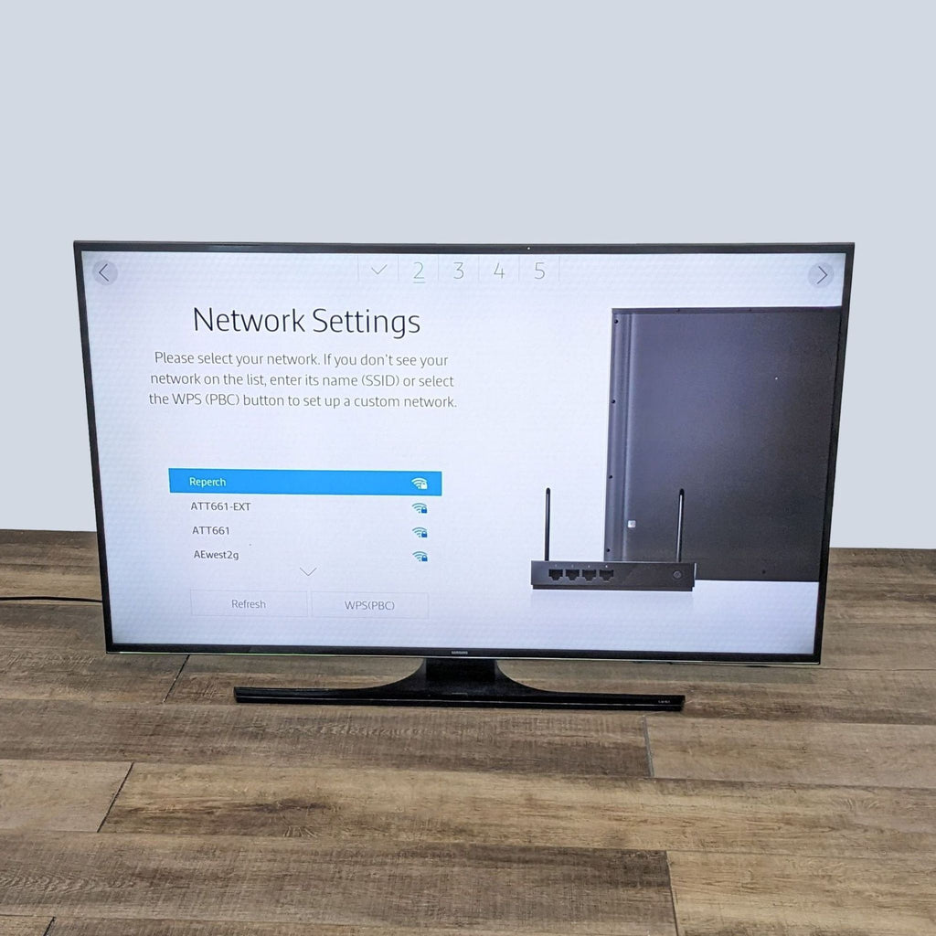 2. A Samsung Smart Television showing network settings on screen, indicating WiFi connectivity options for home entertainment setup.
