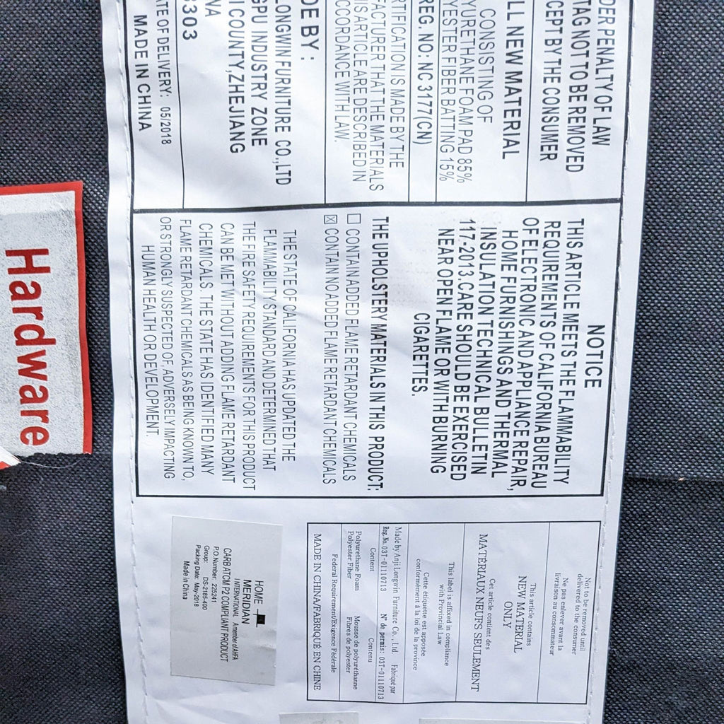 Close-up of product label with manufacturing and care details.