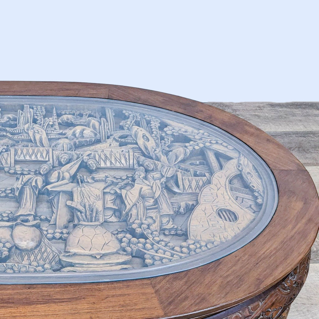 Carved Solid Wood Asian Coffee/Tea Table with 6 Nesting Stools
