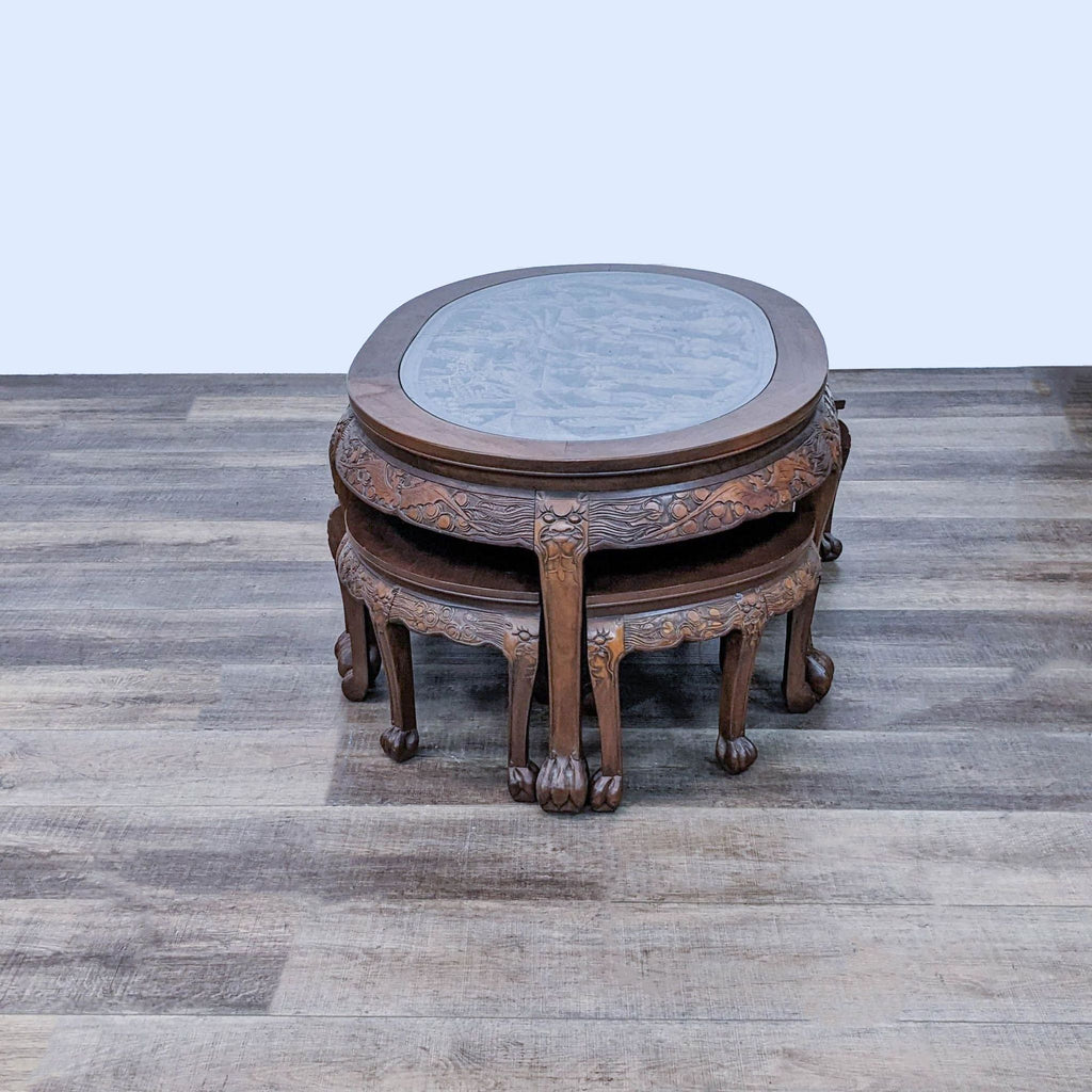 Carved Solid Wood Asian Coffee/Tea Table with 6 Nesting Stools