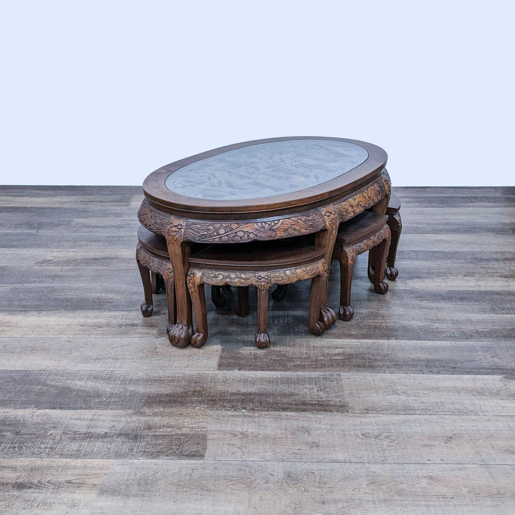 Carved Solid Wood Asian Coffee/Tea Table with 6 Nesting Stools