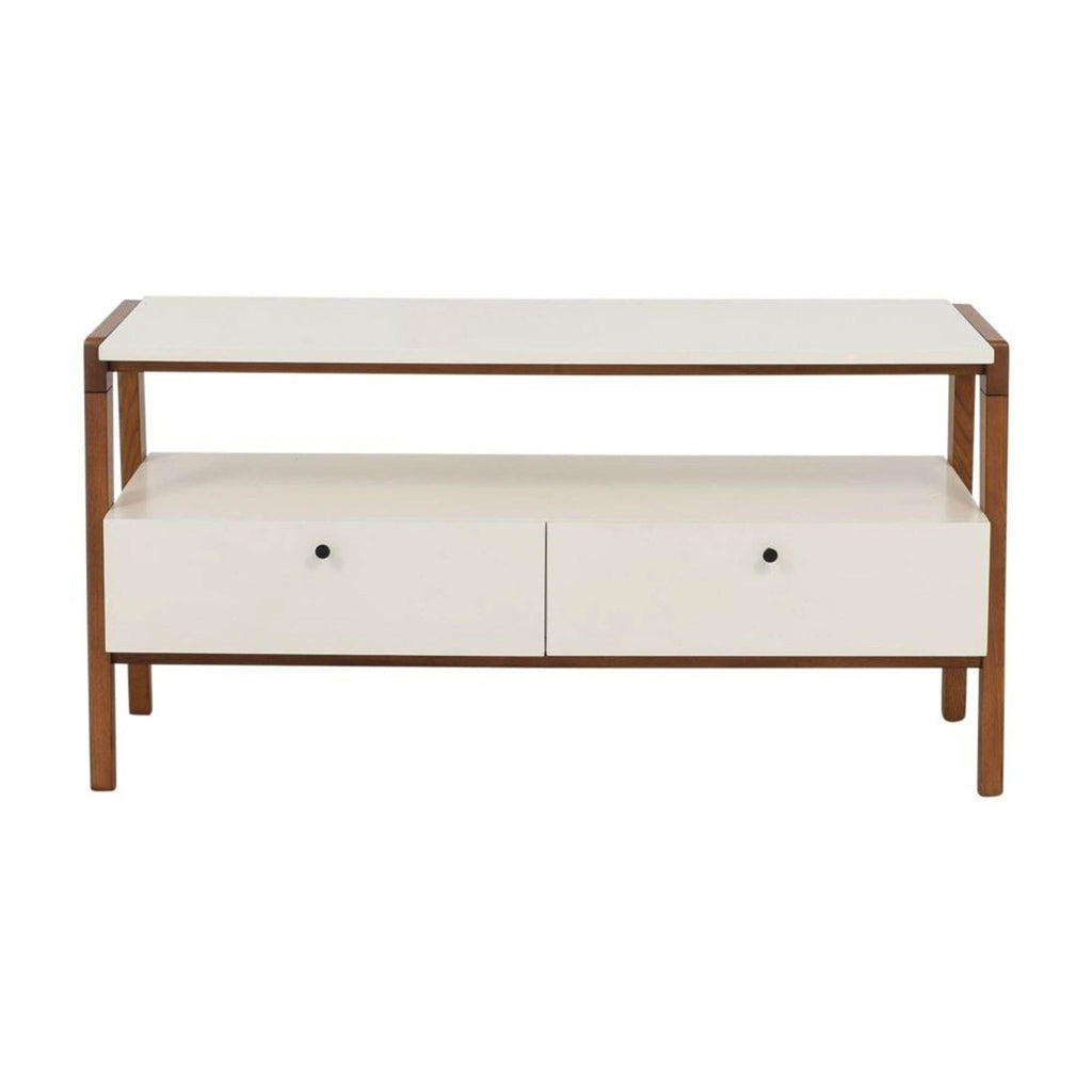 West Elm entertainment center with pecan-finished wood frame and two white drawers.