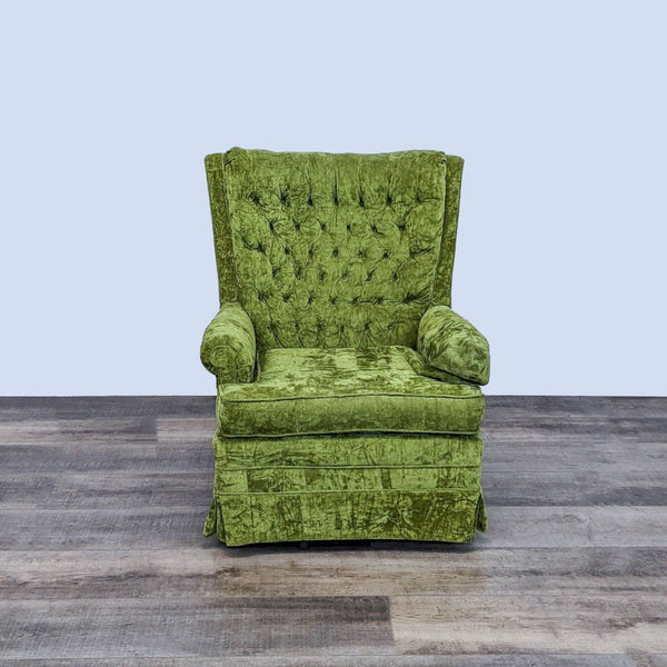 1. Vintage green velvet armchair with tufted back, by Best Chairs Inc., showcased in a frontal view on a wooden floor.