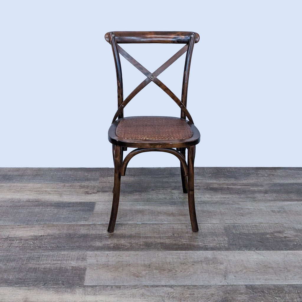 Scandinavian Design bentwood dining chair with wraparound X back and upholstered seat, front view.