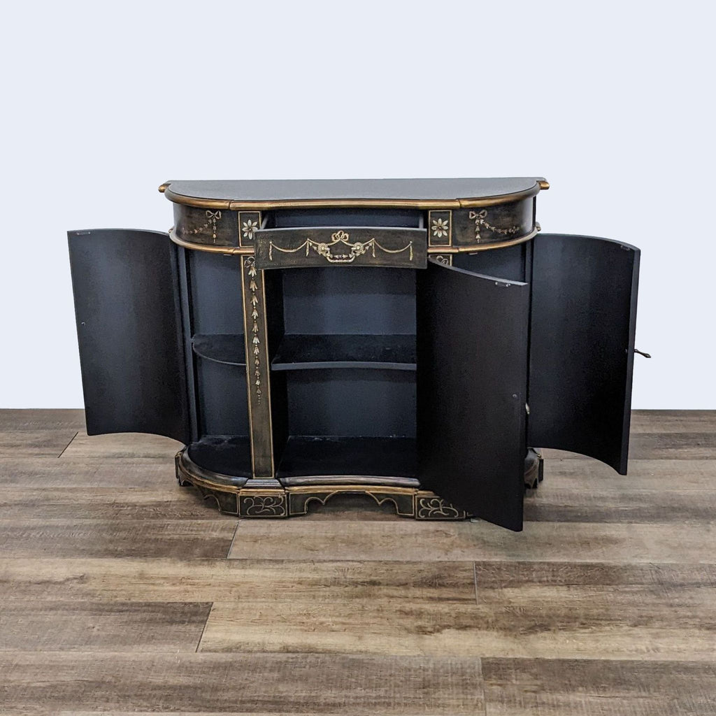 Open-front view of Ethan Allen cabinet showing shelves and storage space.