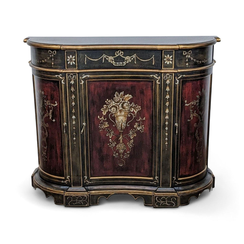 Antiqued European-style cabinet with detailed stenciling and crackle finish.