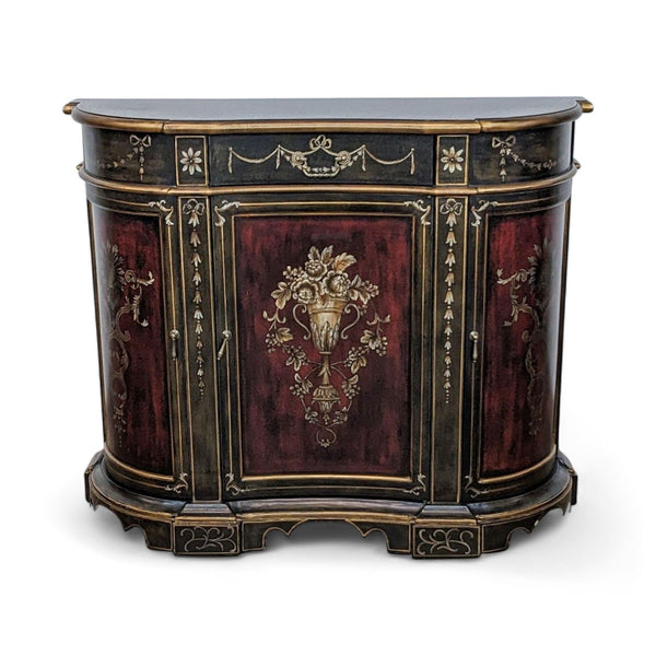 Antiqued European-style cabinet with detailed stenciling and crackle finish.