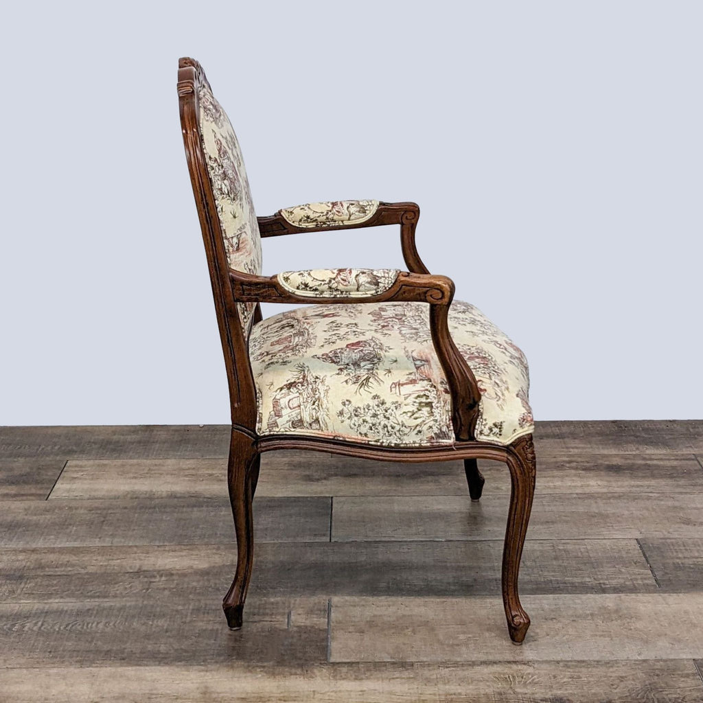 Classic Reperch lounge chair with French countryside upholstery, showcasing serpentine lines and sturdy construction.