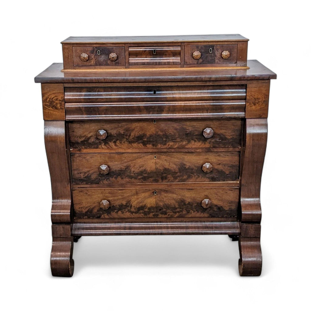 1. Antique Neoclassical American Empire dresser with burl wood drawers, oak trim, and Art Deco knobs by Reperch.