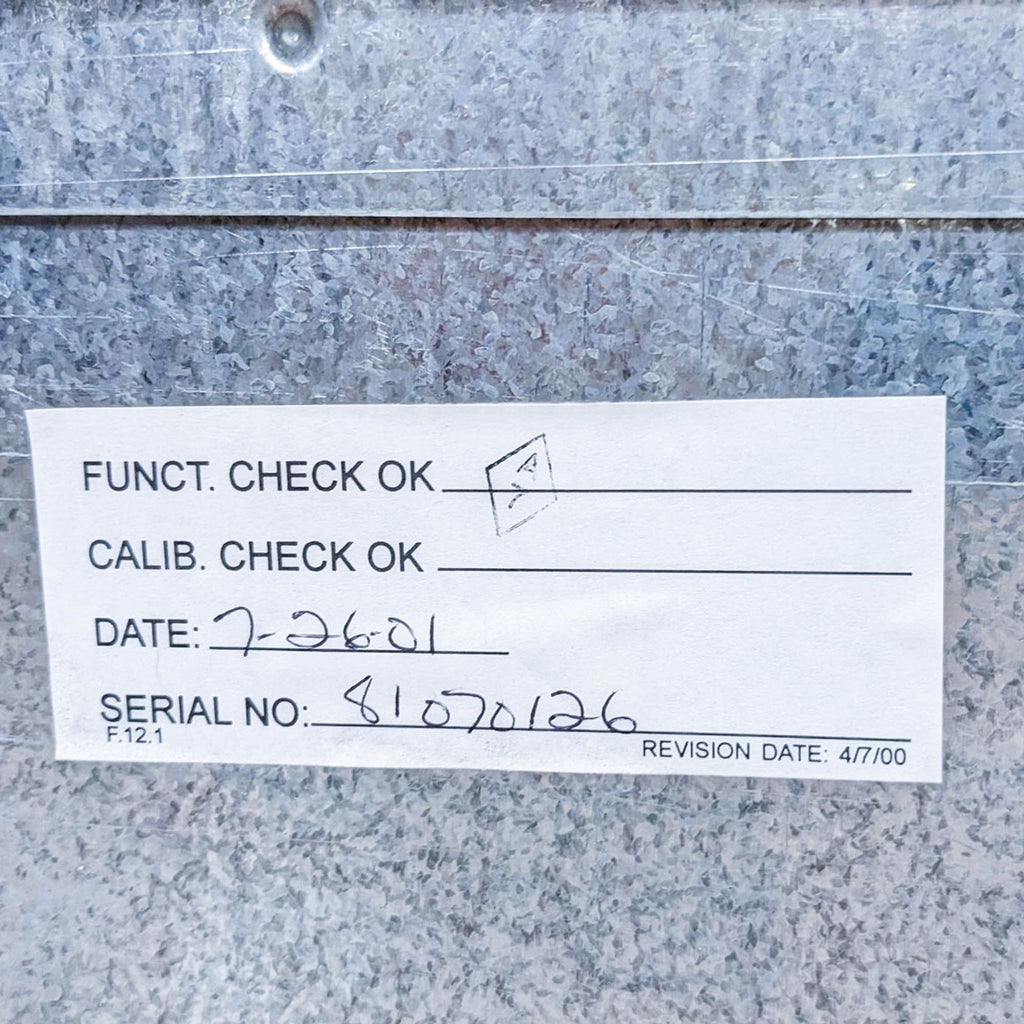 3. Close-up of a quality control label affixed to the Thermador Gas Range with checks for functionality, calibration, and a serial number.