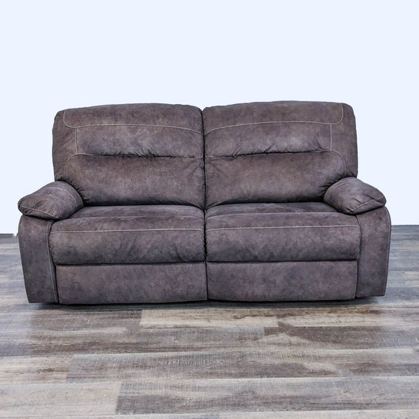 1. Bolzano loveseat by Ashley Furniture, plush coffee brown microfiber, upright position on gray flooring.