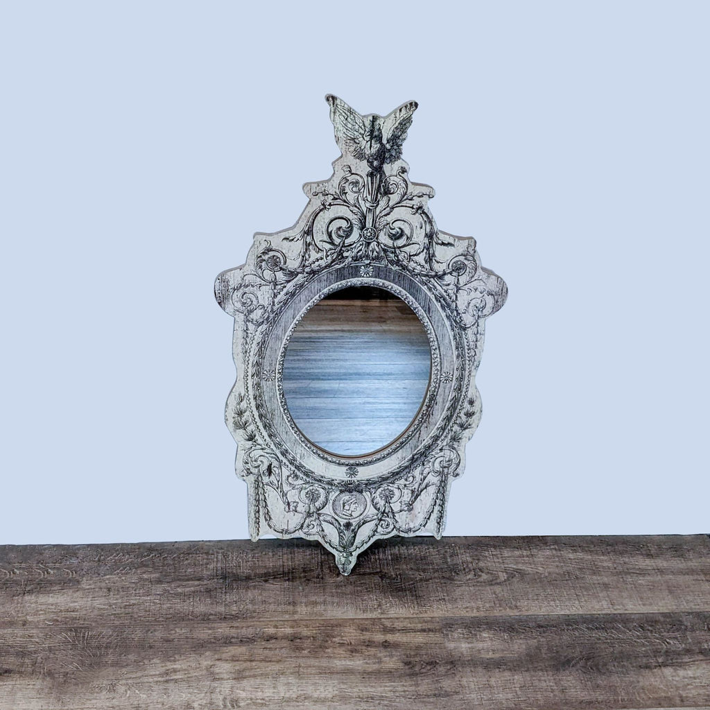 Vintage round mirror with artistic wood frame by Peacock Park.