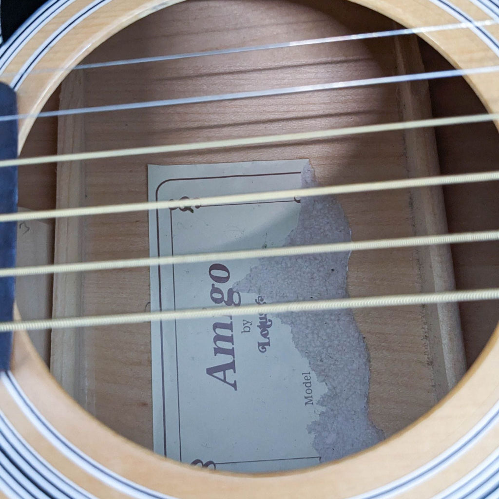 Close-up of the soundhole of a Takamine acoustic guitar showing the strings and label.