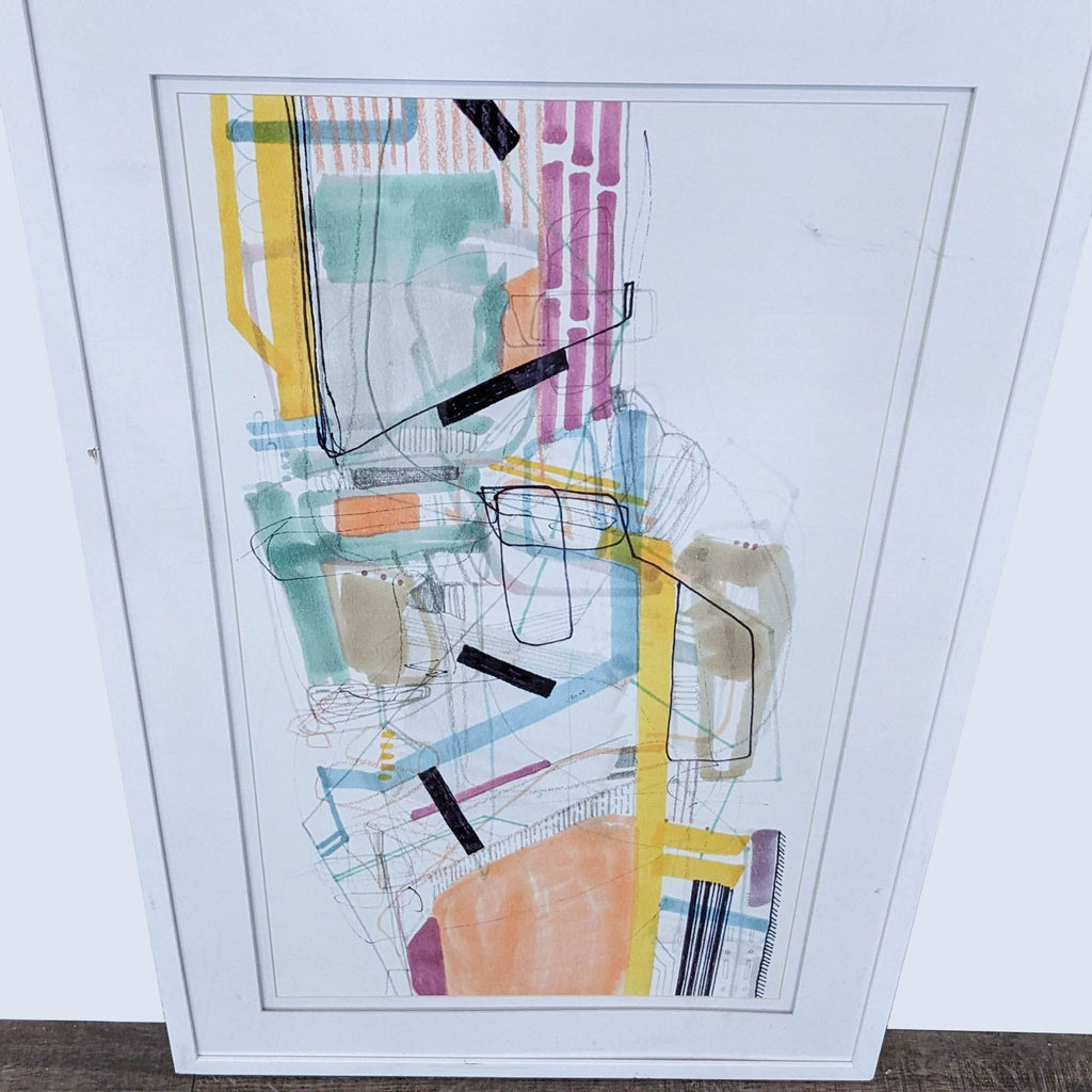 Close-up of abstract print with colorful geometric shapes.