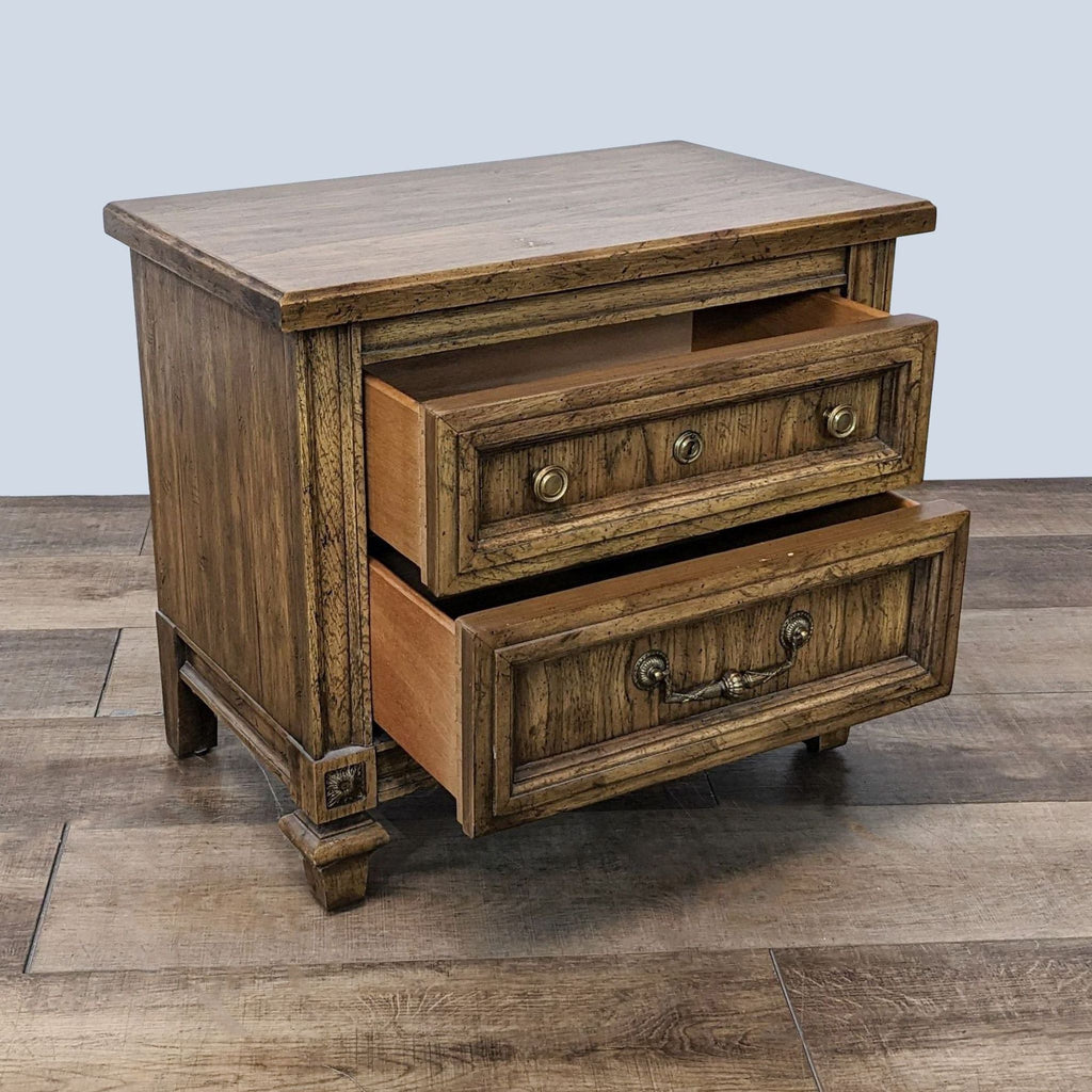 Open Reperch End Table Showcasing Its Wooden Drawers and Rustic Design.