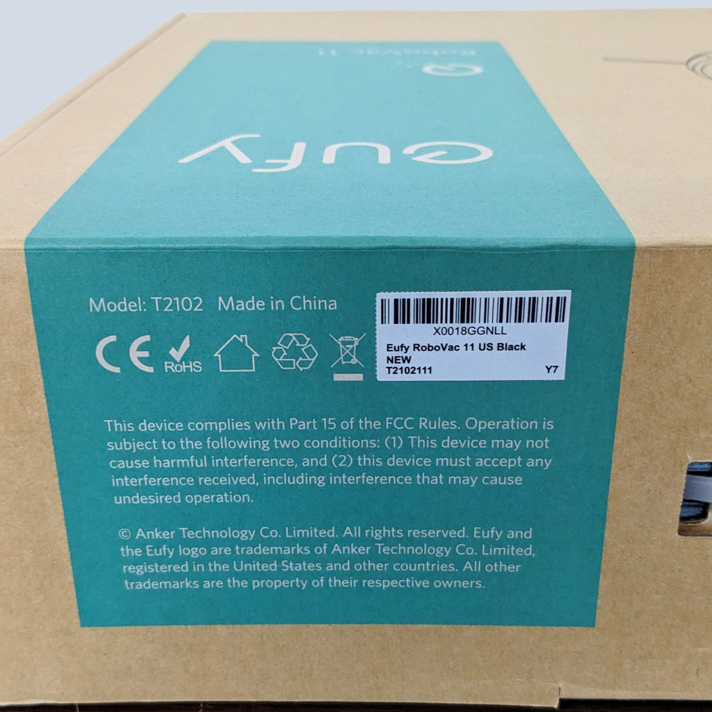 Side view of Eufy RoboVac box with product details and compliance information.