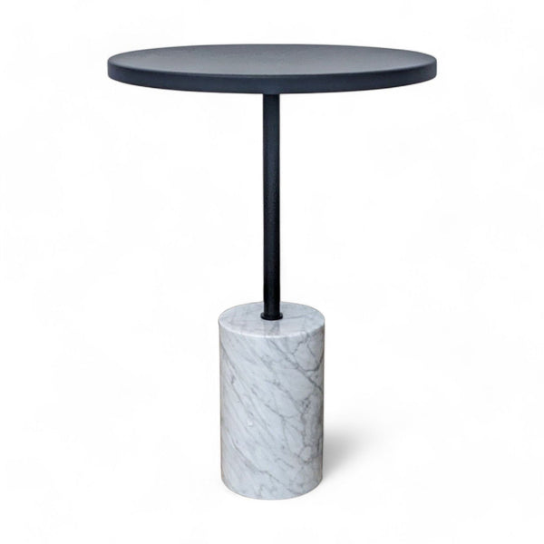 Article's Narro side table in black metal with a Carrara marble base.