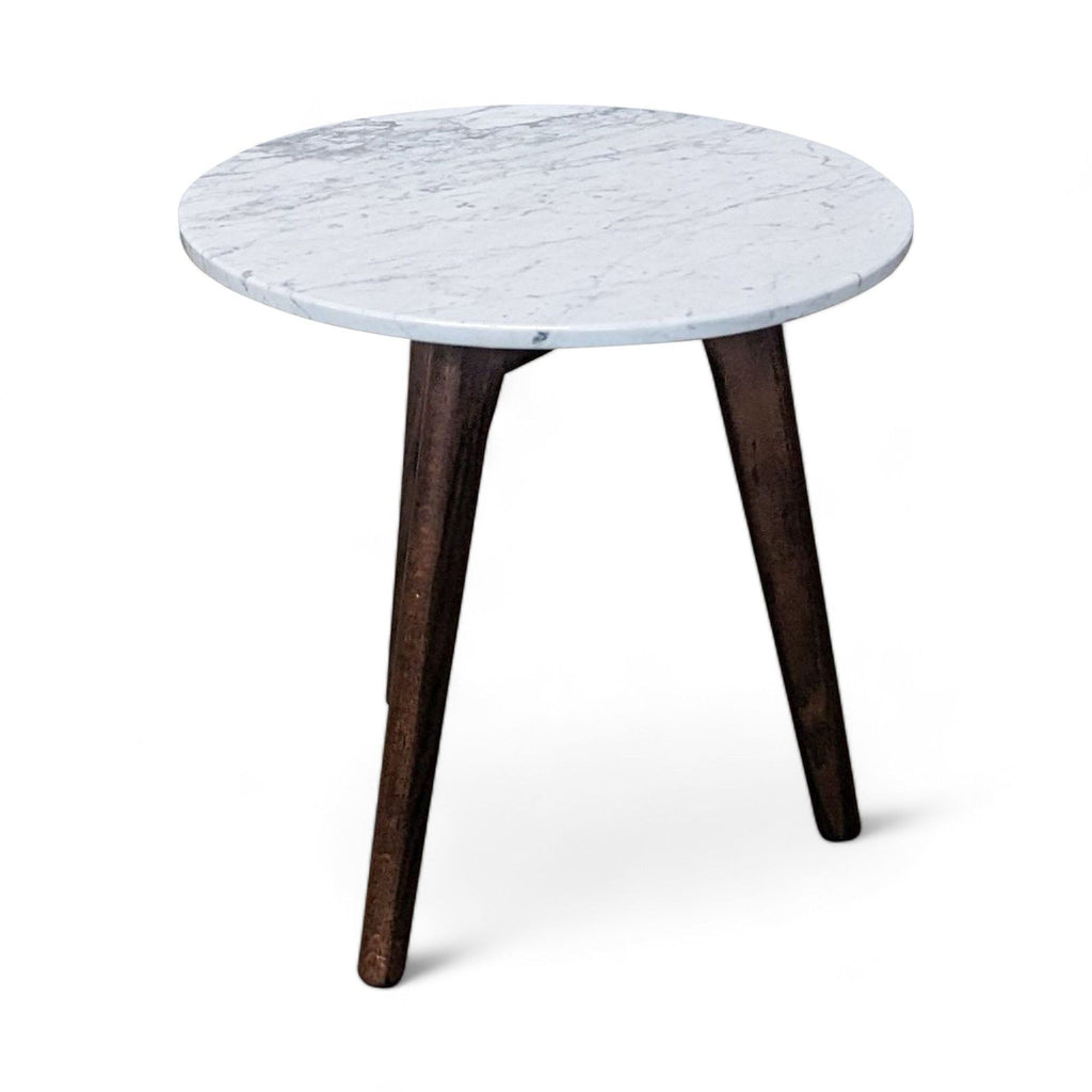 Round side table with a walnut-finished oak base and a white marble top.