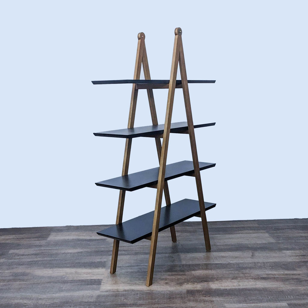 Side angle of Article bookshelves with black shelving and wooden frame, 1.5 years old, excellent condition.