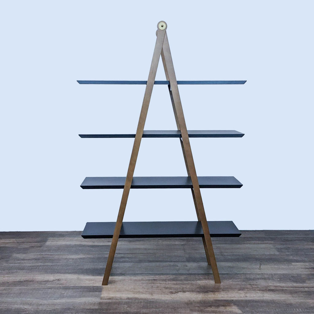 Article bookshelves in excellent condition, 1.5 years old, light wood and black shelves, front view.