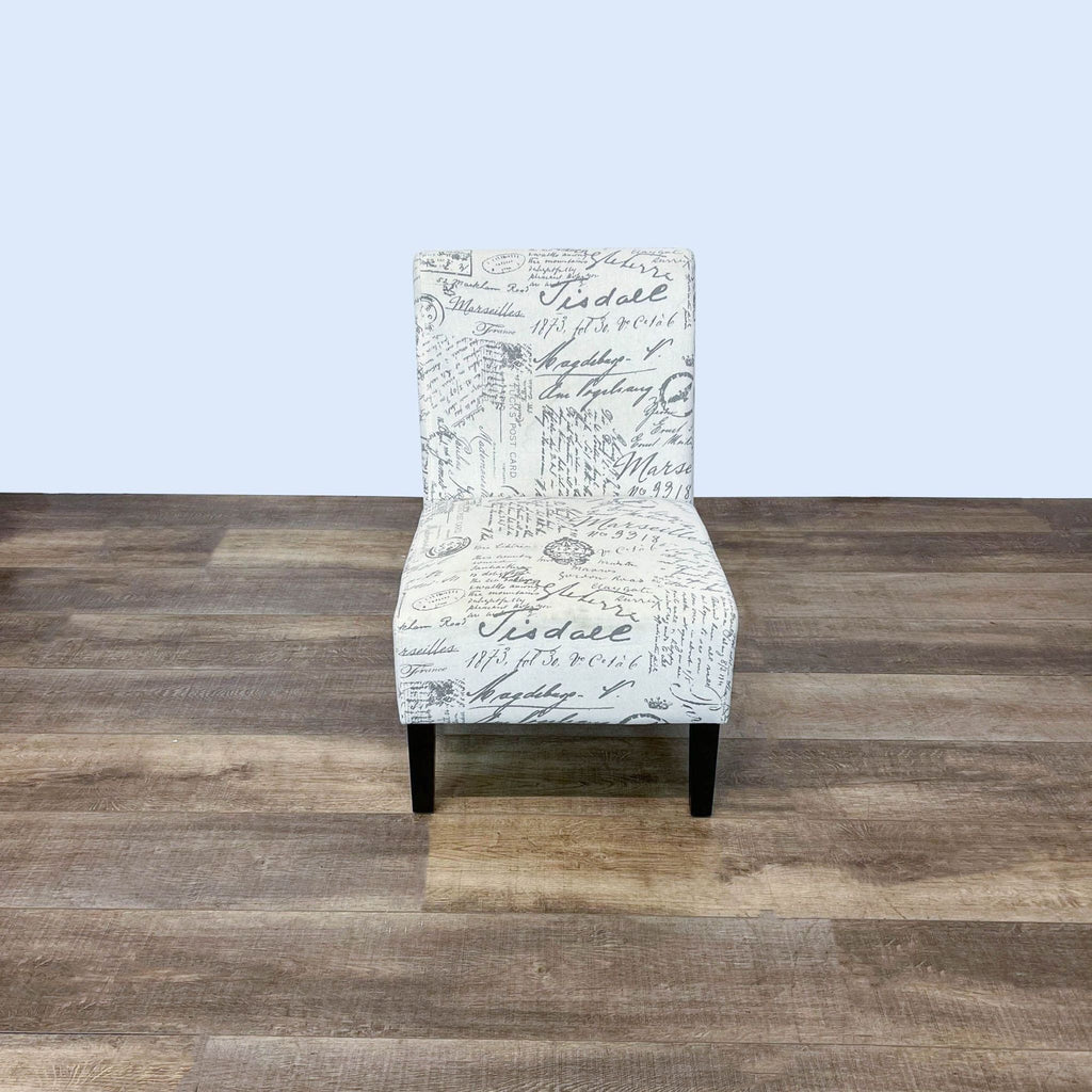CortesiHome Chicco armless accent chair with script print and black wooden legs, front view on wooden floor.