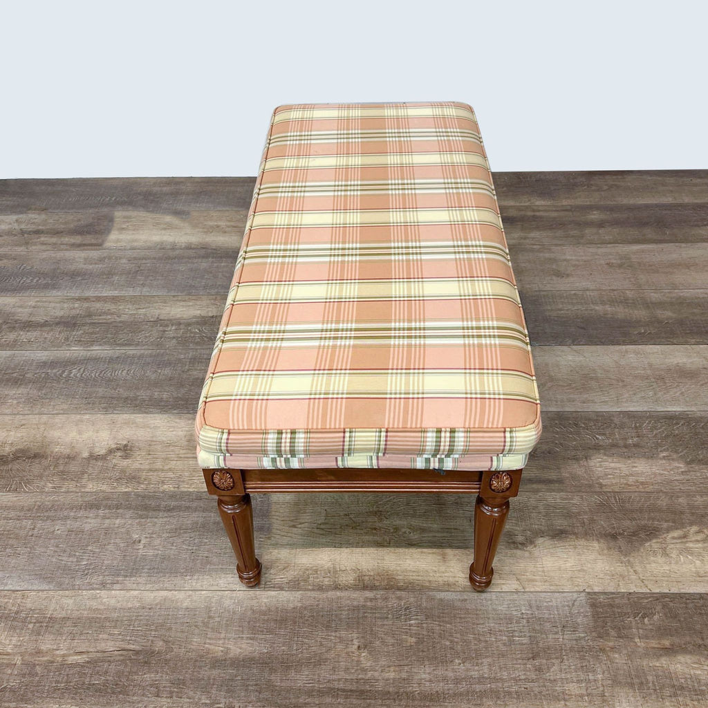 Ethan Allen Plaid Fabric Upholstered Seat Bench