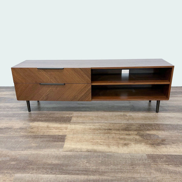 Walnut veneer entertainment center by Article, featuring a chevron pattern, shelf, and closed drawer.