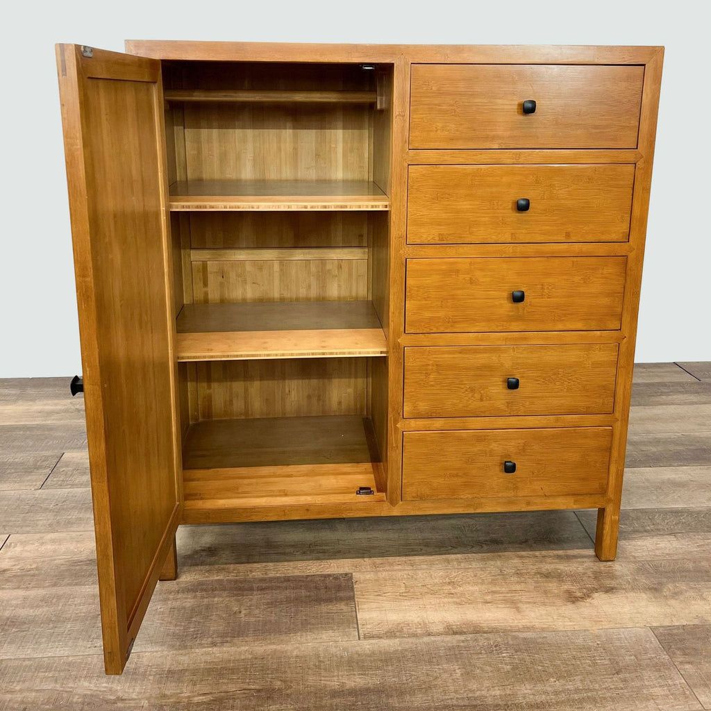 Open cabinet and drawers of bamboo dresser, crafted by Maria Yee for Crate & Barrel.