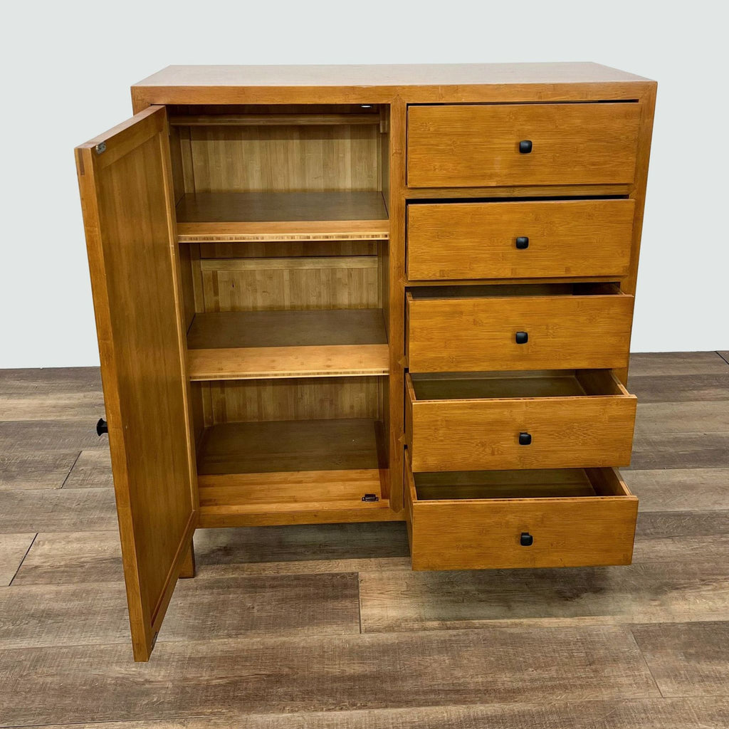 Bamboo dresser with open cabinet and drawers, designed by Maria Yee for Crate & Barrel.