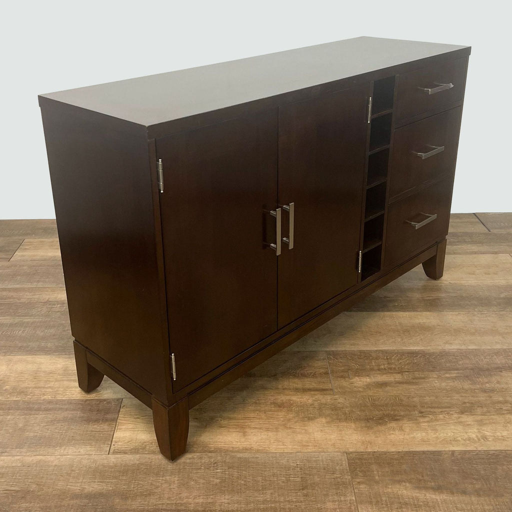 Brown Acme Furniture credenza featuring metal hardware and visible shelves on wood flooring.