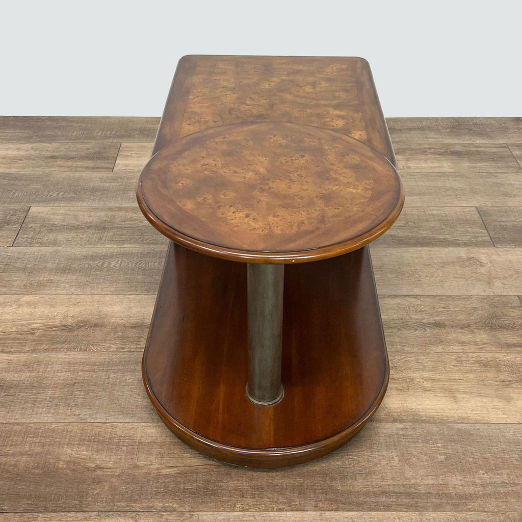 Reperch coffee table with extended top view showing storage cabinet and the round section on a wood-patterned floor.