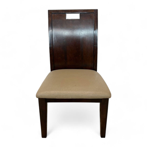 Acme Furniture transitional dining chair with dark wood frame and beige upholstered seat, front view.