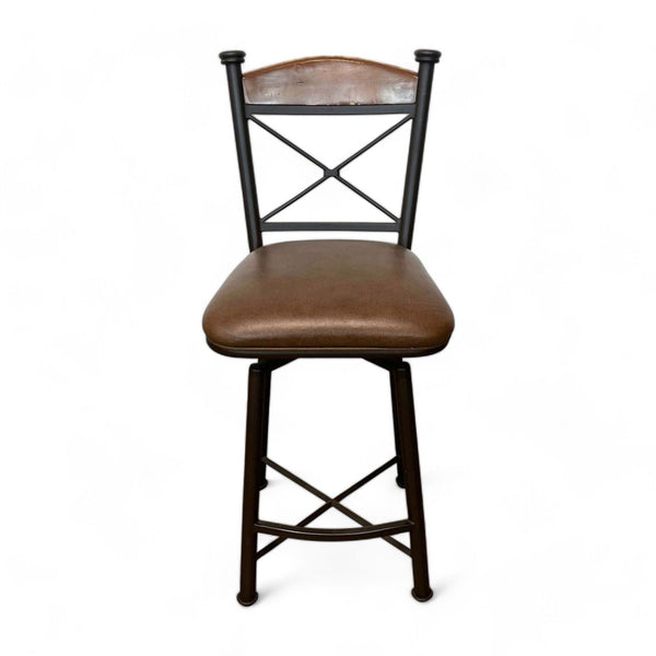 Reperch metal frame stool with crisscross back, wooden details, and brown padded seat.