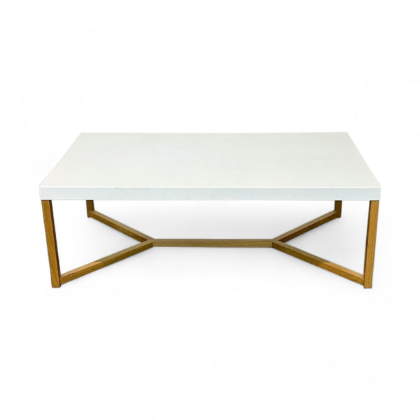 EQ3 coffee table with a white top and wooden base against a white background.