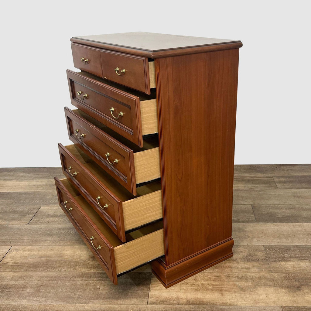 Reperch mahogany dresser with open drawers showcasing interior structure and brass hardware.