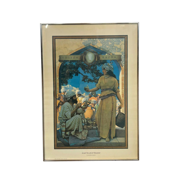 Framed poster of 'Lamp Seller of Baghdad' with vibrant colors depicting a market scene.