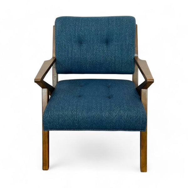 Mid Century Modern chair by E&E Co. with teal tweed fabric and angled wooden frame, front view.