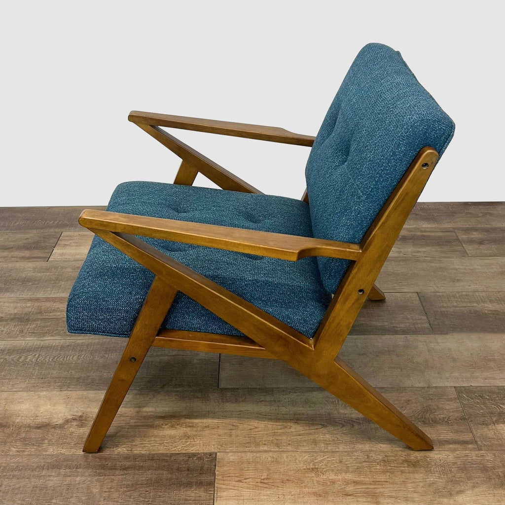 Teal tweed fabric E&E Co. lounge chair showcasing tufted upholstery and Mid Century Modern wood construction from back angle.