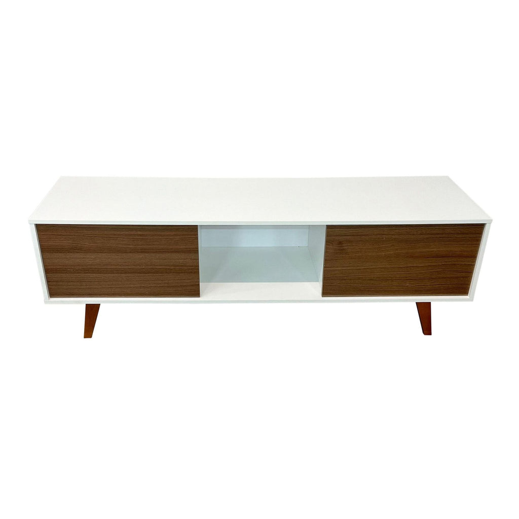 Reperch brand Mid-Century Modern entertainment center with wood legs and white exterior.