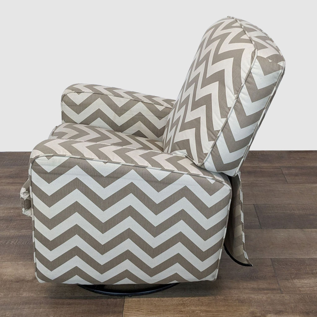 Zigzag upholstered Reperch recliner chair in a relaxed position, angled view.