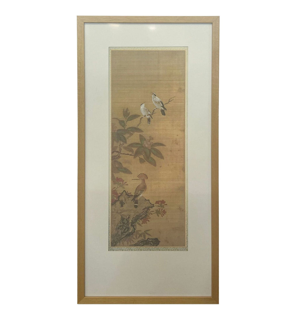1. Reperch Japanese print featuring birds perched among leaves and flowers, displayed in a vertical frame on a wall.