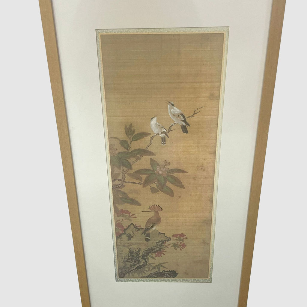 2. Vertical framed Reperch artwork depicting two birds in a natural setting with foliage, in subtle colors.