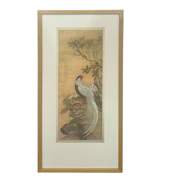 1. "Reperch Japanese print in a frame, showing a bird amid flowers and leaves."