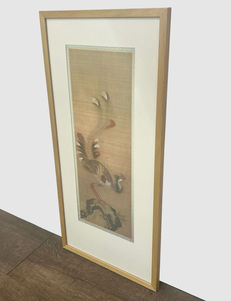 2. "Reperch brand artwork featuring a Japanese style bird perched on a branch, encased in an elegant light wood frame."